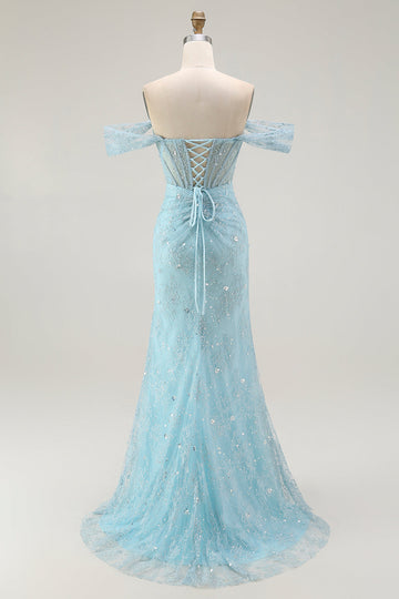 Vestido largo de fiesta con cuentas y cuentas de sirena azul con hombros descubiertos y abertura